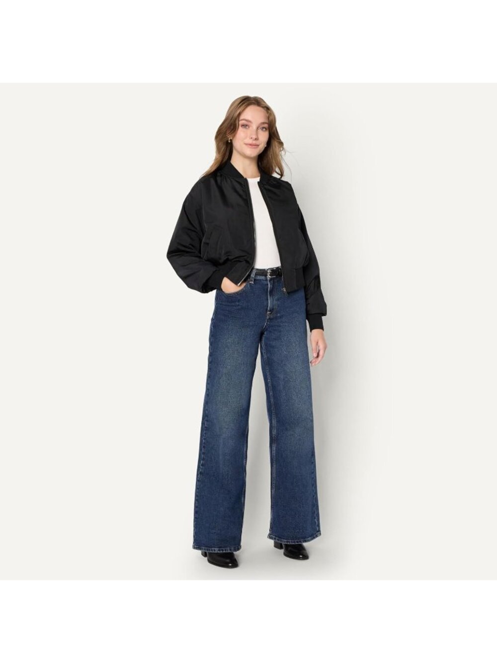 〽️Women's Black Relaxed Denim Bomber Jacket Padded Stretch Denim Coat - Picture 5 of 6